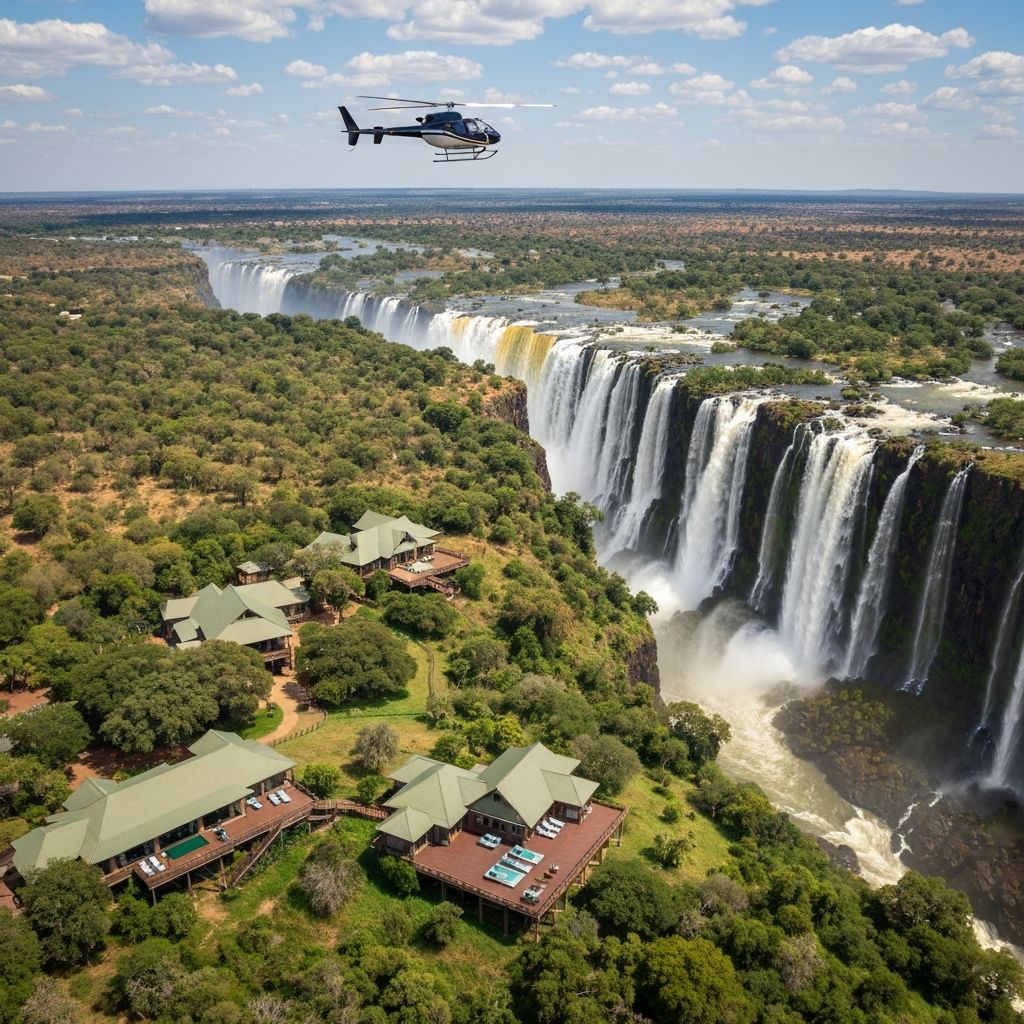 Zambezi Falls panorama with helicopter and lodges